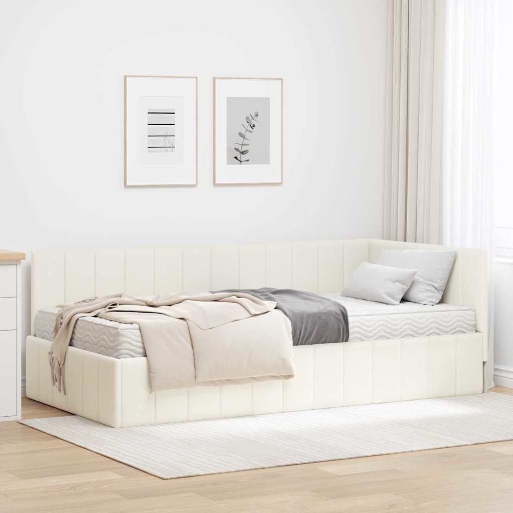 Eckbettgestell mit Matratze Creme 100 x 200 cm Samt