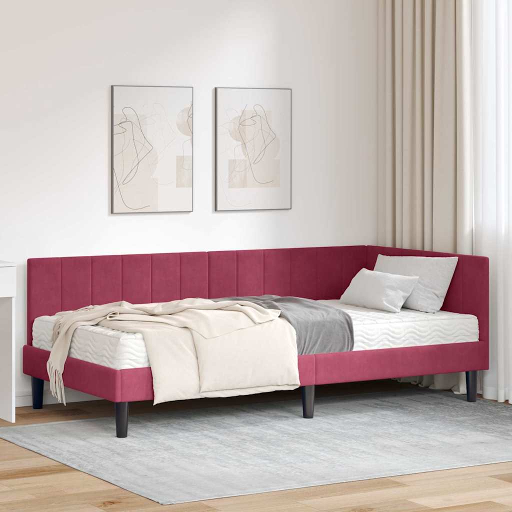 Eckbettgestell mit Matratze Weinrot 90 x 190 cm Samt