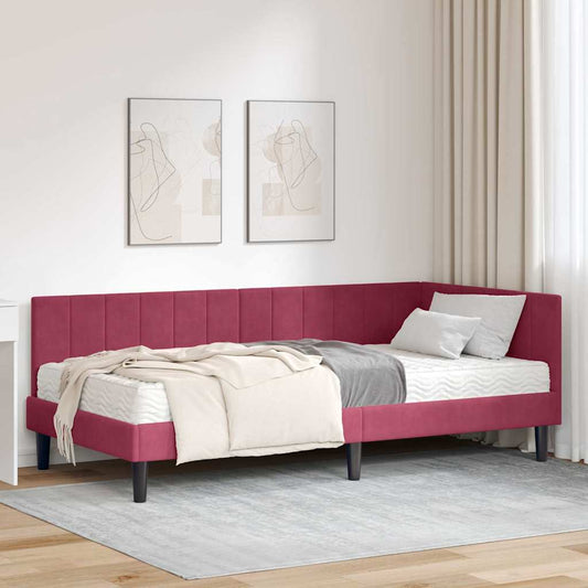 Eckbettgestell mit Matratze Weinrot 90 x 190 cm Samt