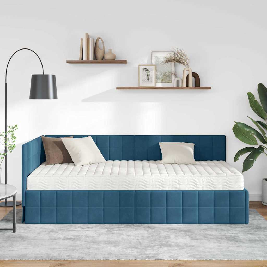 Eckbettgestell mit Matratze 2 stk. Blau 90 x 200 cm Samt