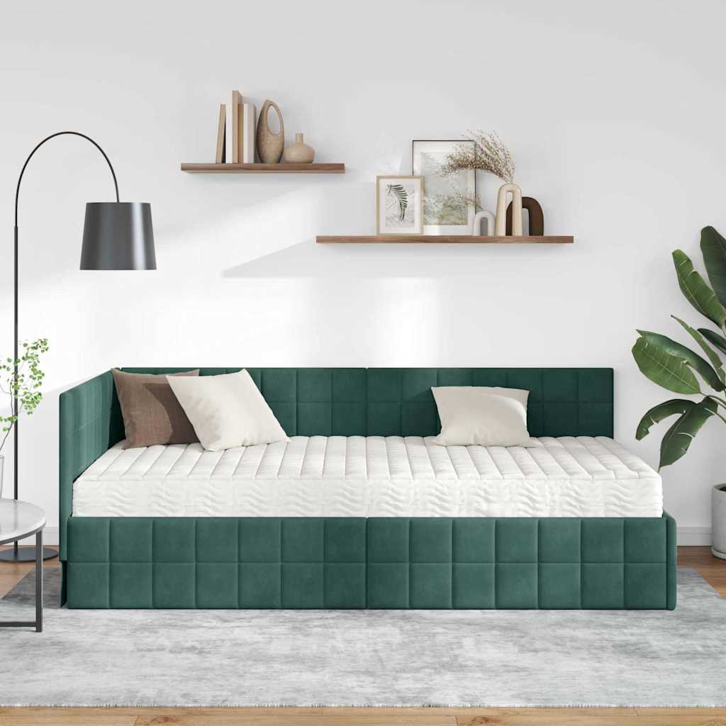 Eckbettgestell mit Matratze 2 stk. Dunkelgrün 90 x 200 cm Samt