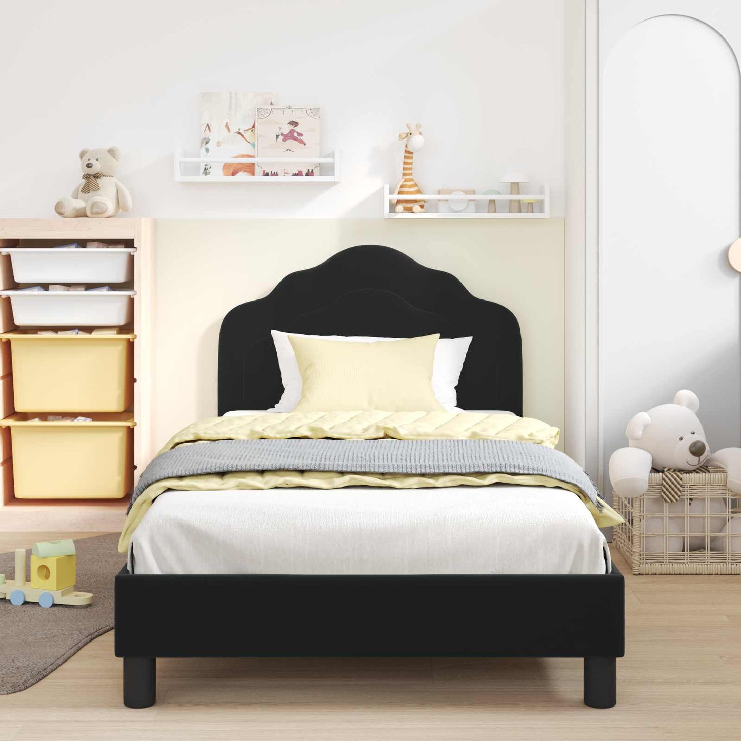 Kinderbettgestell mit Kopfteil Schwarz 90 x 190 cm Samt