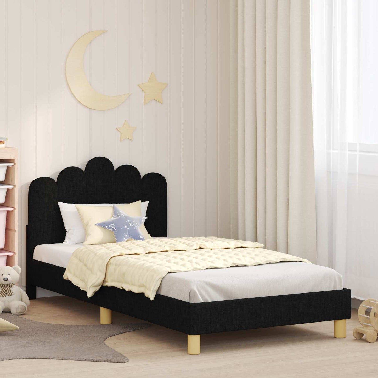 Kinderbettgestell mit Kopfteil Schwarz 90 x 190 cm Stoff