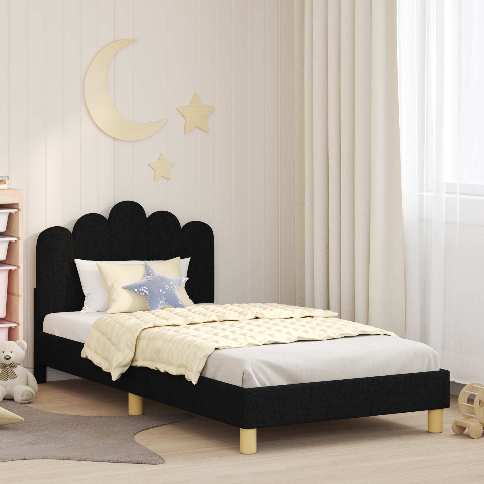 Kinderbettgestell mit Kopfteil Schwarz 90 x 190 cm Stoff