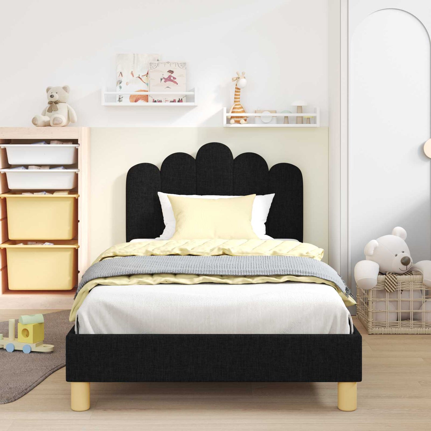 Kinderbettgestell mit Kopfteil Schwarz 90 x 190 cm Stoff