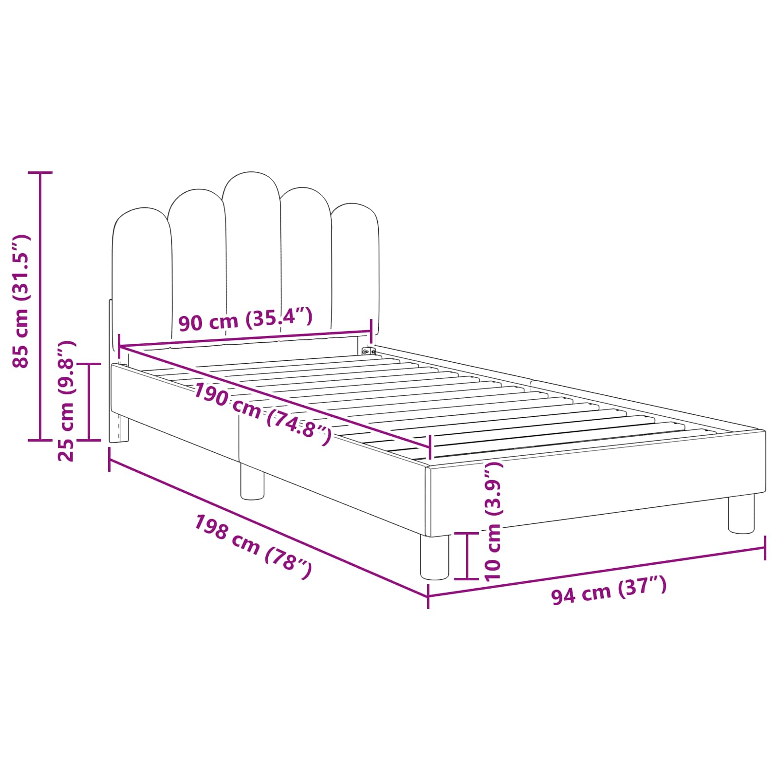 Kinderbettgestell mit Kopfteil Schwarz 90 x 190 cm Stoff