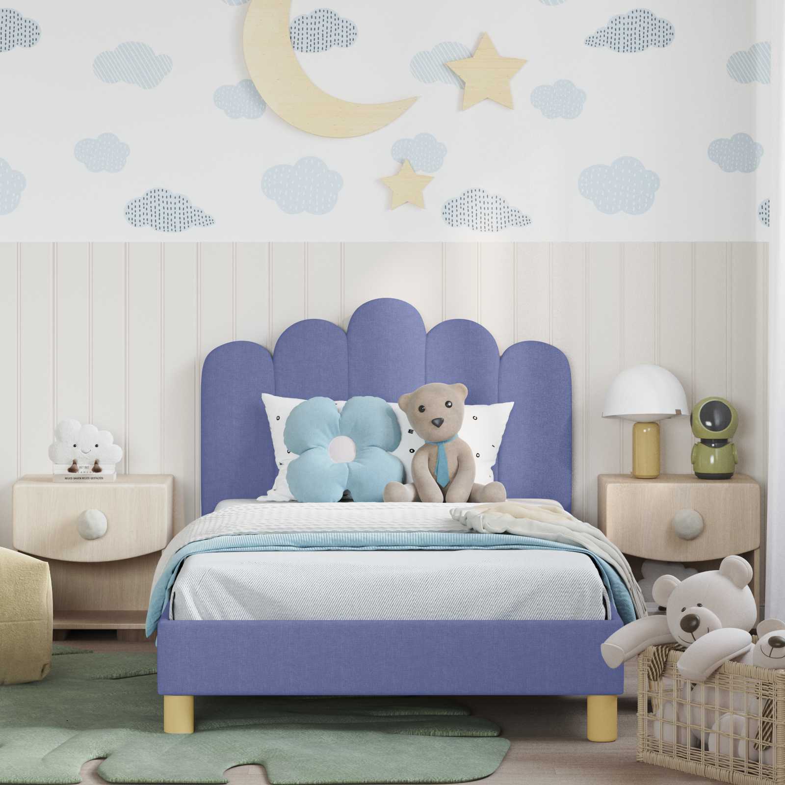 Kinderbettgestell mit Kopfteil Jeans blau 90 x 190 cm Stoff