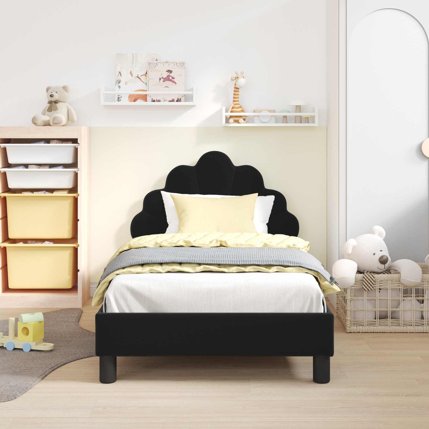 Kinderbettgestell mit Kopfteil Schwarz 80 x 160 cm Samt