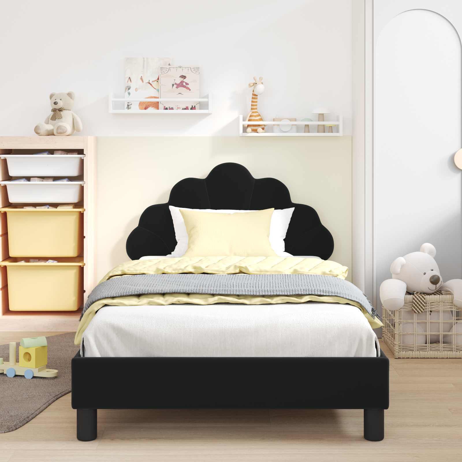 Kinderbettgestell mit Kopfteil Schwarz 90 x 200 cm Samt