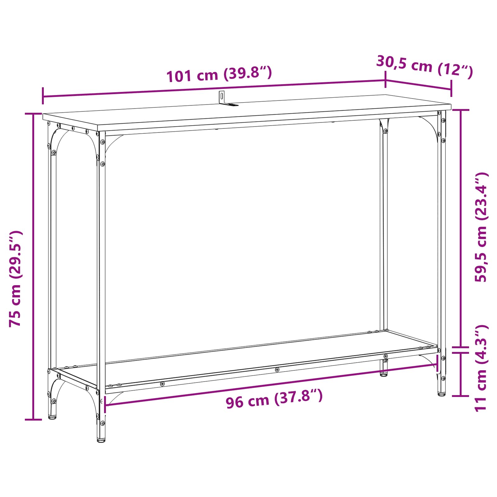 Konsolentisch Schwarz Eichen-Optik 101 x 30,5 x 75 cm