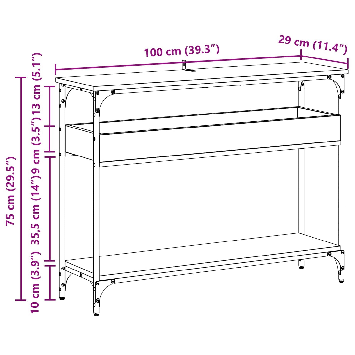 Konsolentisch Schwarz Eichen-Optik 100 x 29 x 75 cm