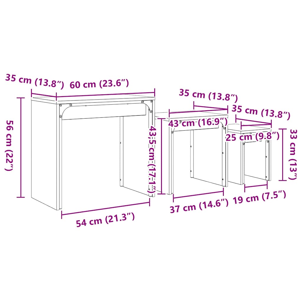 Couchtisch 3 stk. Schwarz Eichen-Optik 60 x 35 x 56 cm