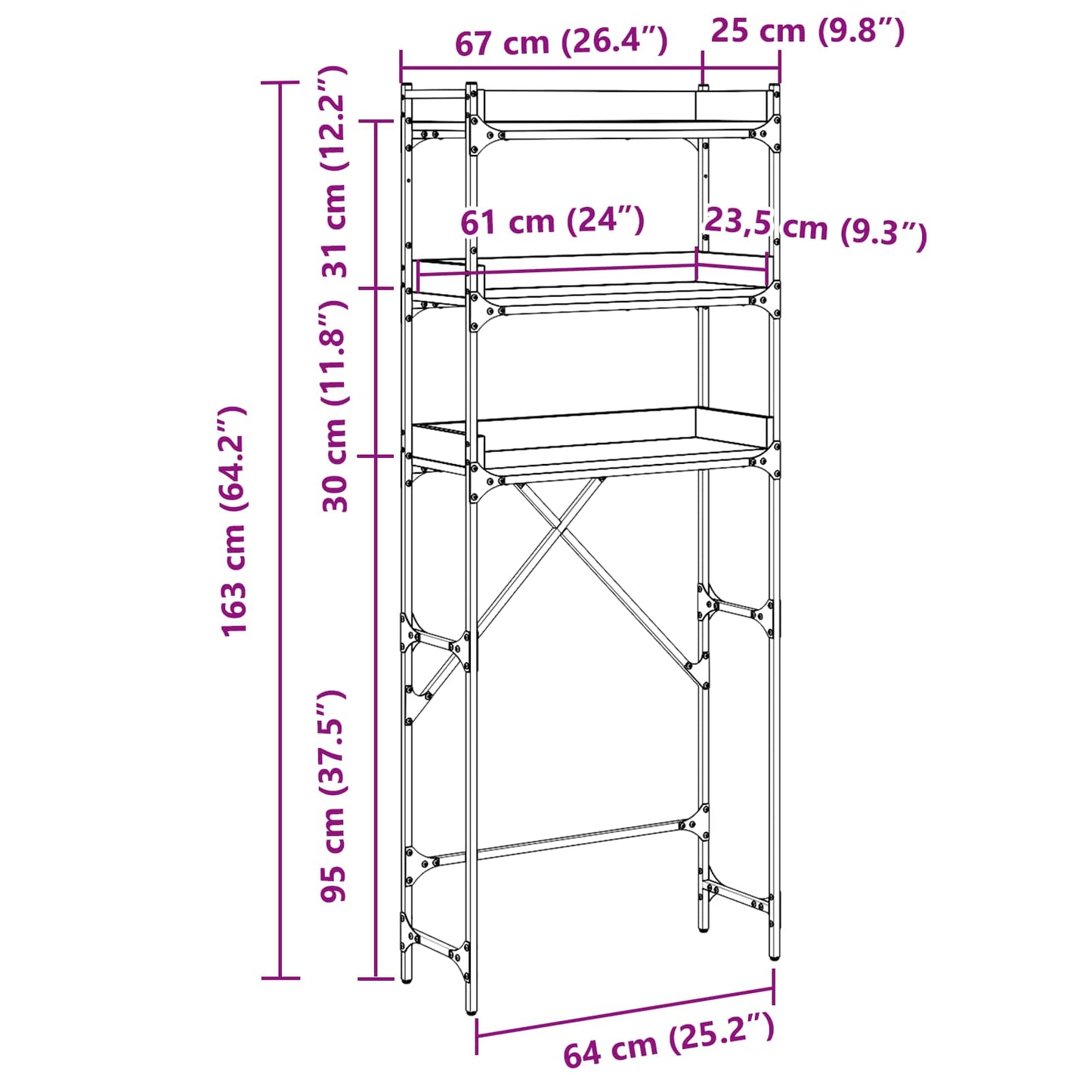 Waschmaschinenregal Schwarz 0ak 67 x 25 x 163 cm Holzwerkstoff