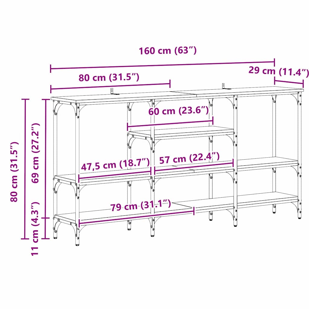 Konsolentisch mit Regal Schwarz Eichen-Optik 160 x 29 x 80 cm