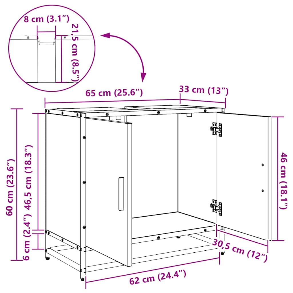 Waschbeckenschrank Schwarz Eichen-Optik 65 x 33 x 60 cm
