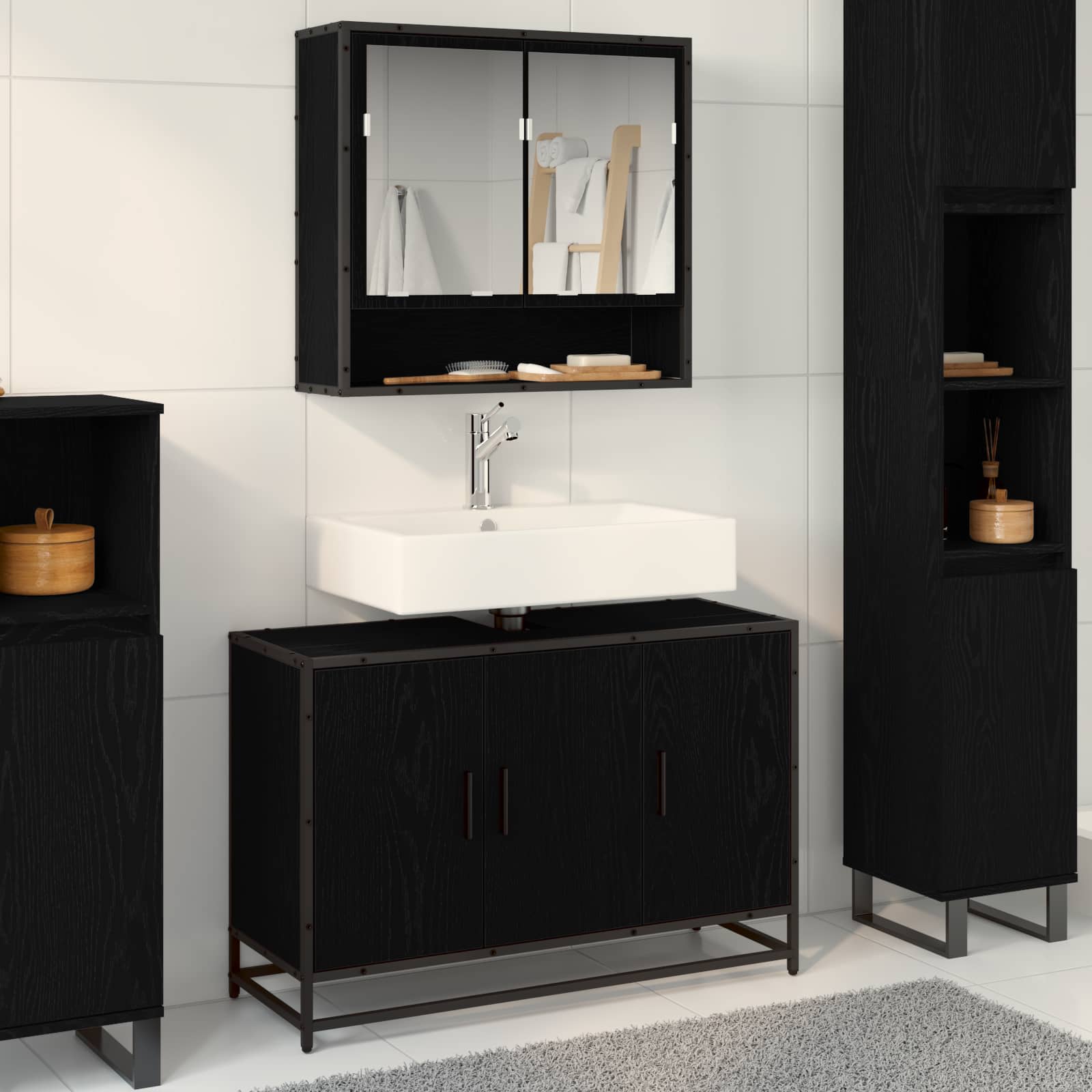 Badezimmerschrank Schwarz Eichen-Optik 90 x 33 x 60 cm