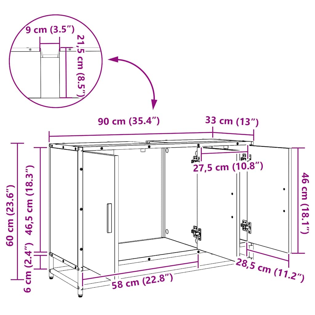 Badezimmerschrank Schwarz Eichen-Optik 90 x 33 x 60 cm