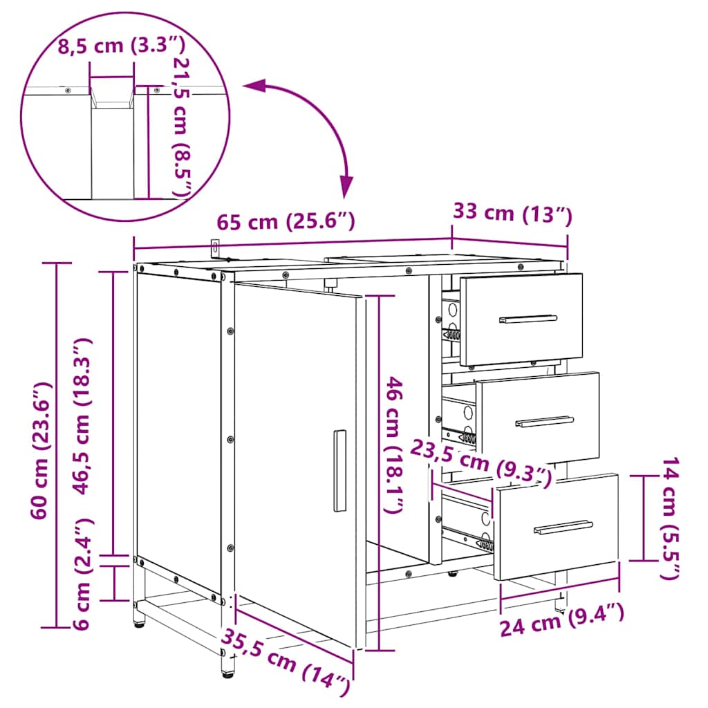 Badezimmerschrank Artisan-Eiche 65 x 33 x 60 cm Holzwerkstoff