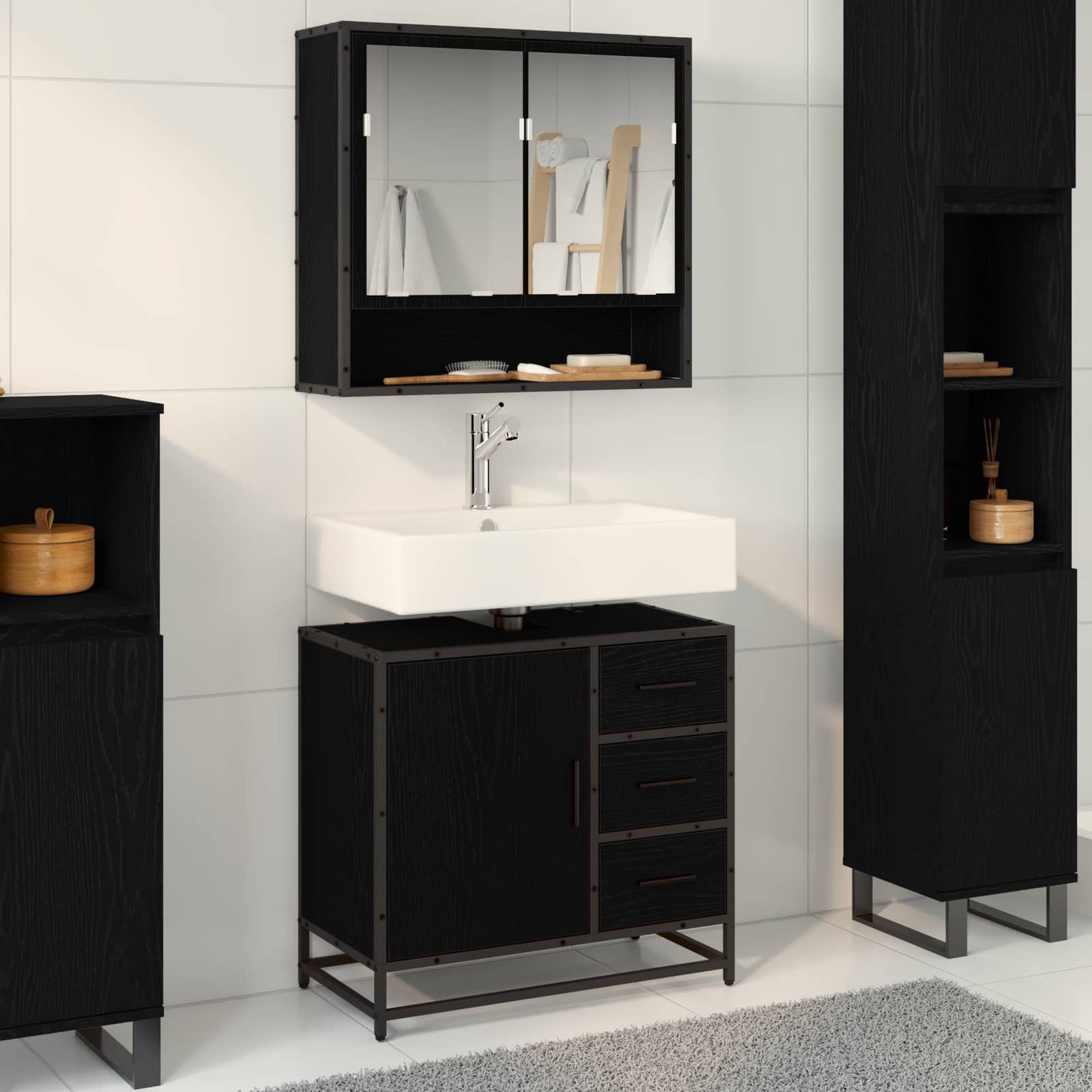 Badezimmerschrank Schwarz Eichen-Optik 65 x 33 x 60 cm