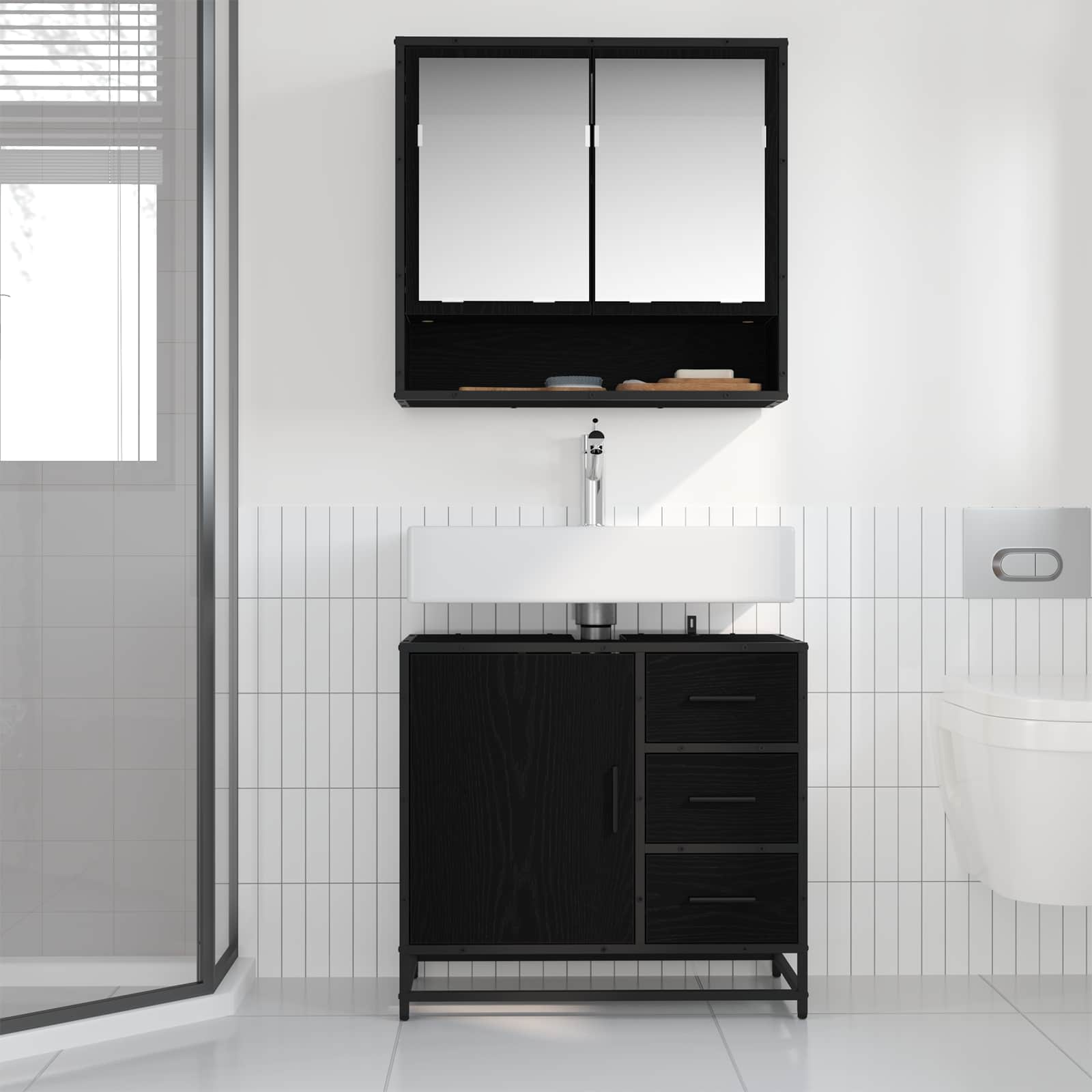 Badezimmerschrank Schwarz Eichen-Optik 65 x 33 x 60 cm