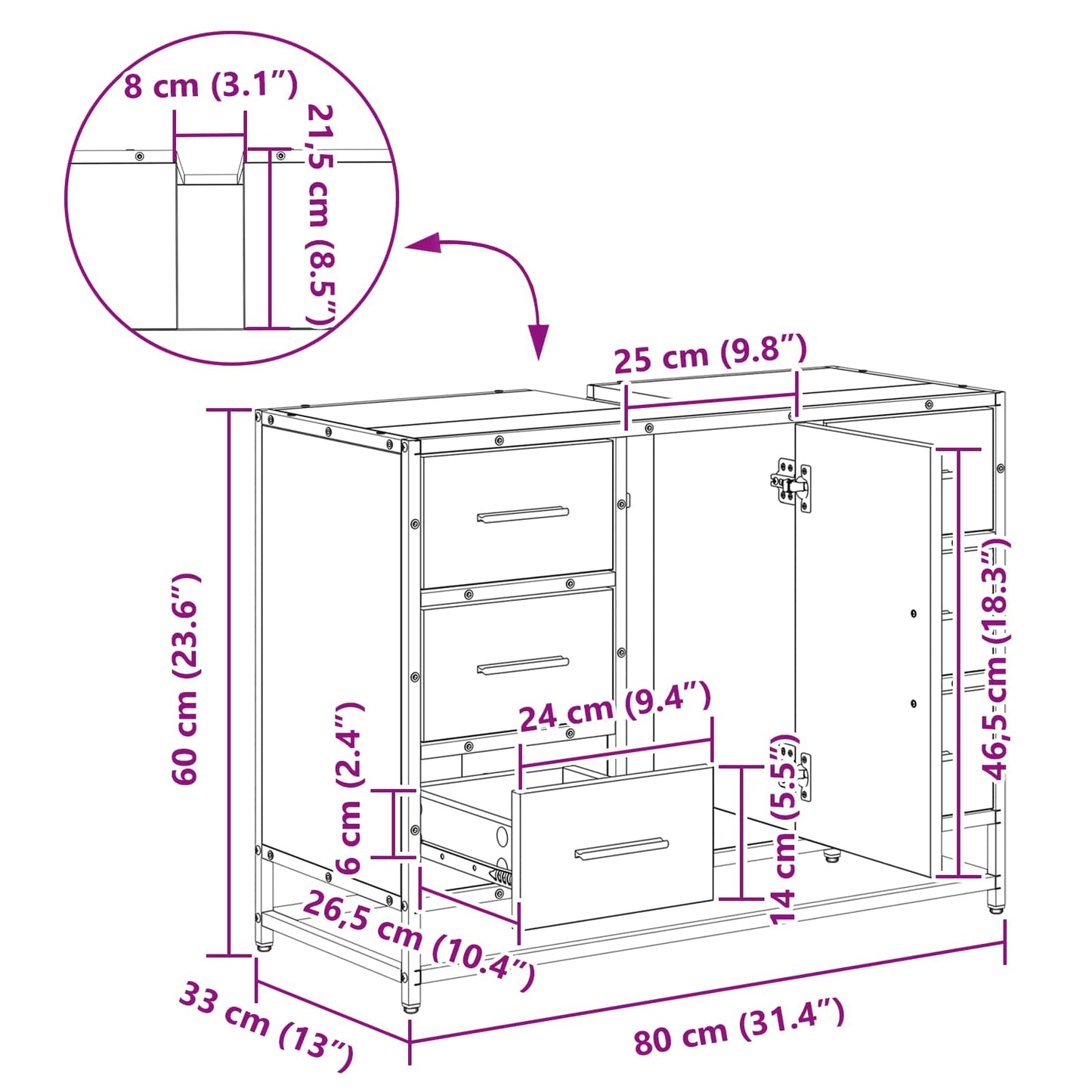 Badezimmerschrank Artisan-Eiche 80 x 33 x 60 cm Holzwerkstoff