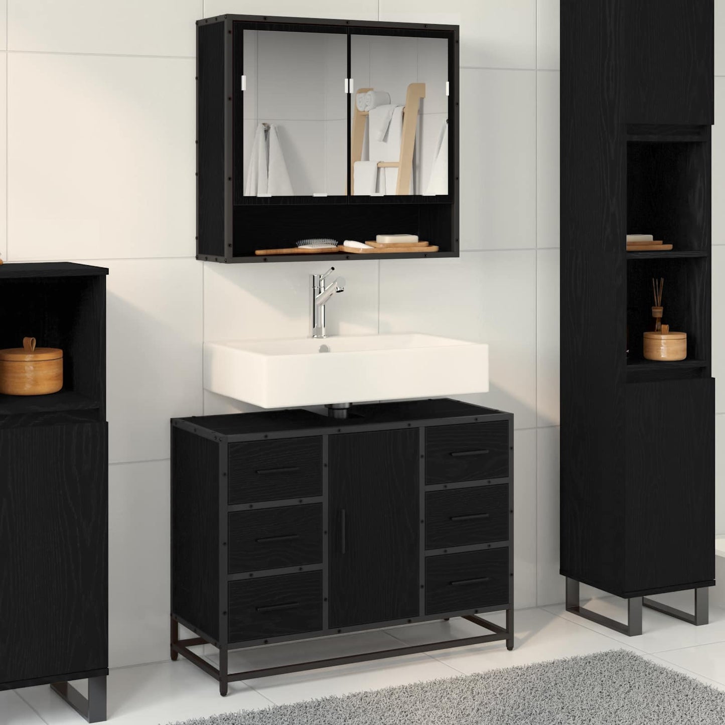 Badezimmerschrank Schwarz Eichen-Optik 80 x 33 x 60 cm