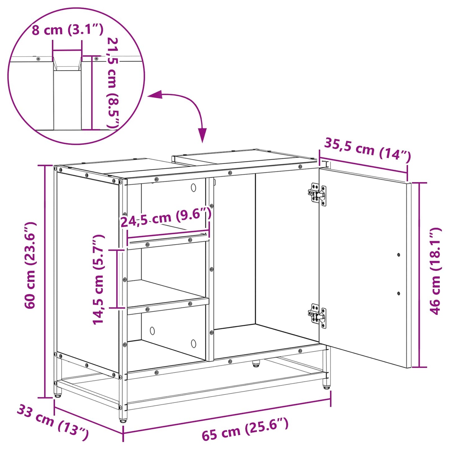 Badezimmerschrank Artisan-Eiche 65 x 33 x 60 cm Holzwerkstoff