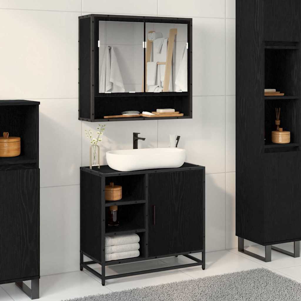 Badezimmer Waschbecken Schrank mit Regal Schwarz Eichen-Optik