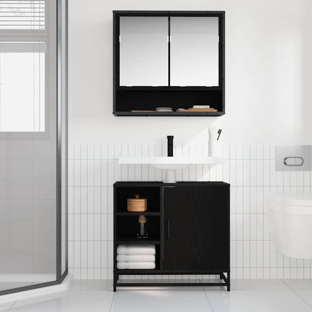 Badezimmer Waschbecken Schrank mit Regal Schwarz Eichen-Optik