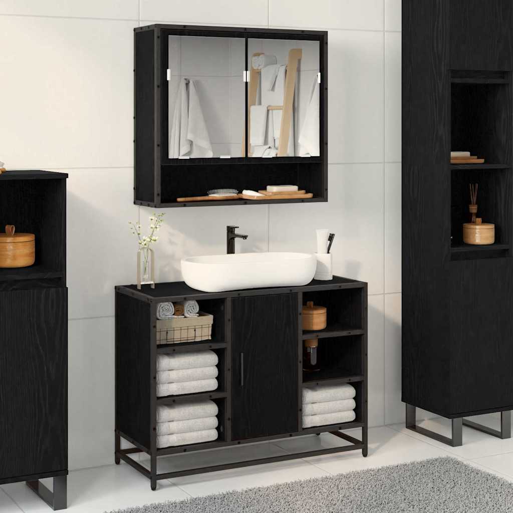 Badezimmer Waschbecken Schrank mit Regal Schwarz Eichen-Optik