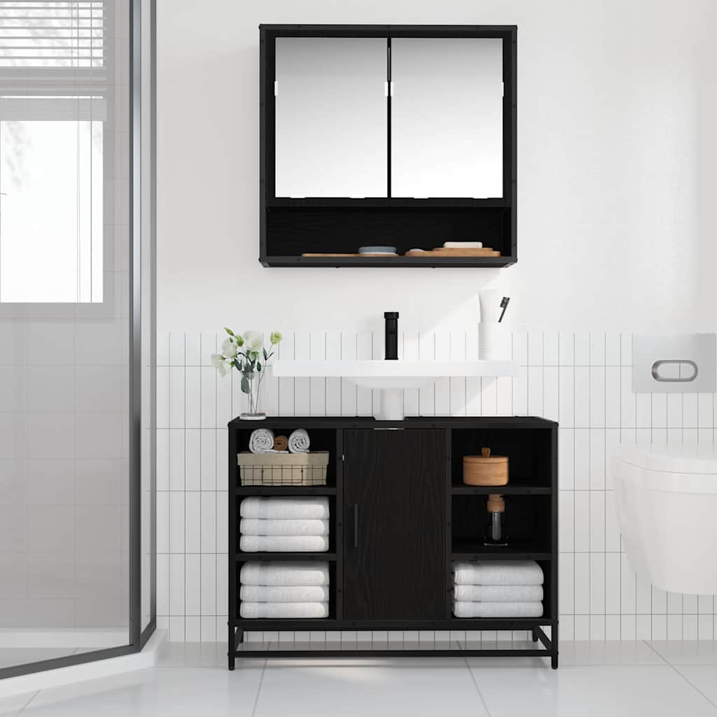 Badezimmer Waschbecken Schrank mit Regal Schwarz Eichen-Optik