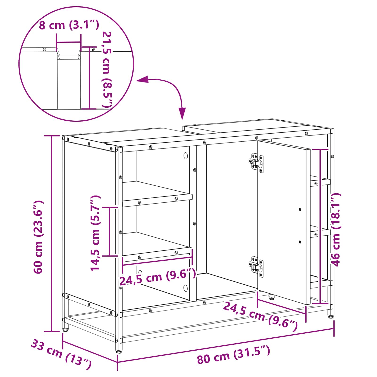 Badezimmerschrank Schwarz Eichen-Optik 80 x 33 x 60 cm