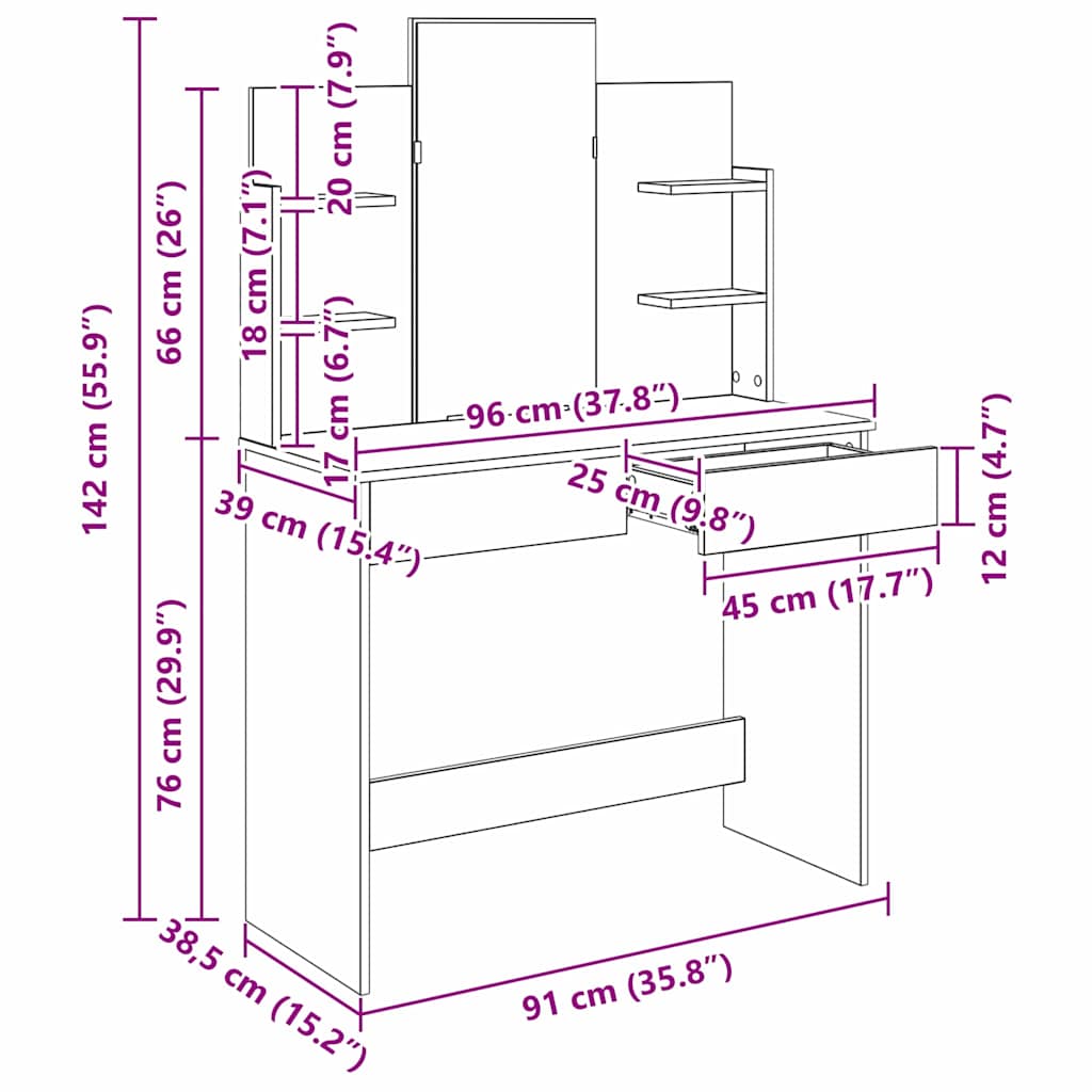 Schminktisch mit Spiegel Schwarz Eichen-Optik 96 x 39 x 142 cm