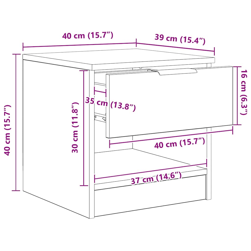 Bettschrank 2 stk. Schwarz Eichen-Optik 40 x 39 x 40 cm