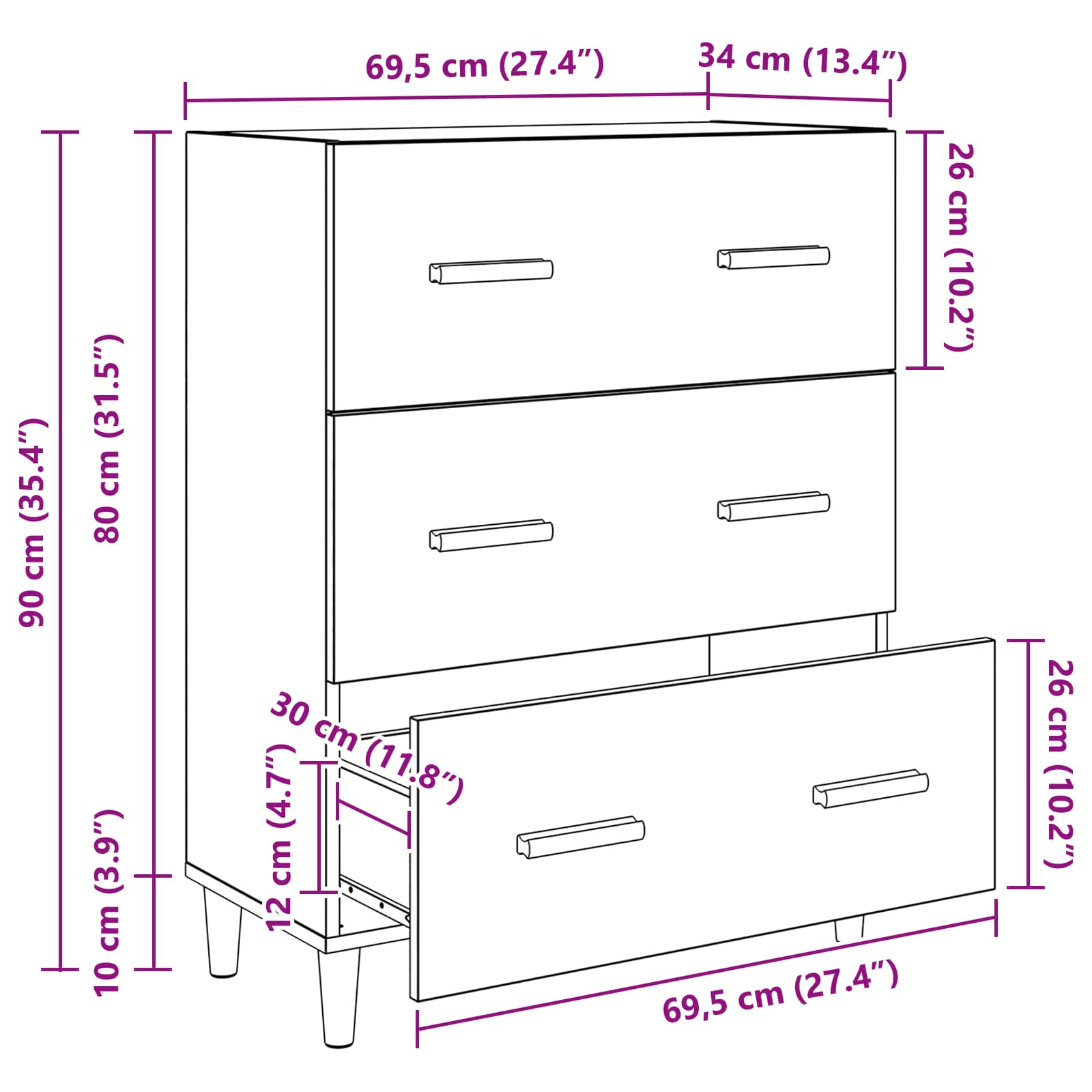 Sideboard Schwarz Eichen-Optik 69,5 x 34 x 90 cm Holzwerkstoff
