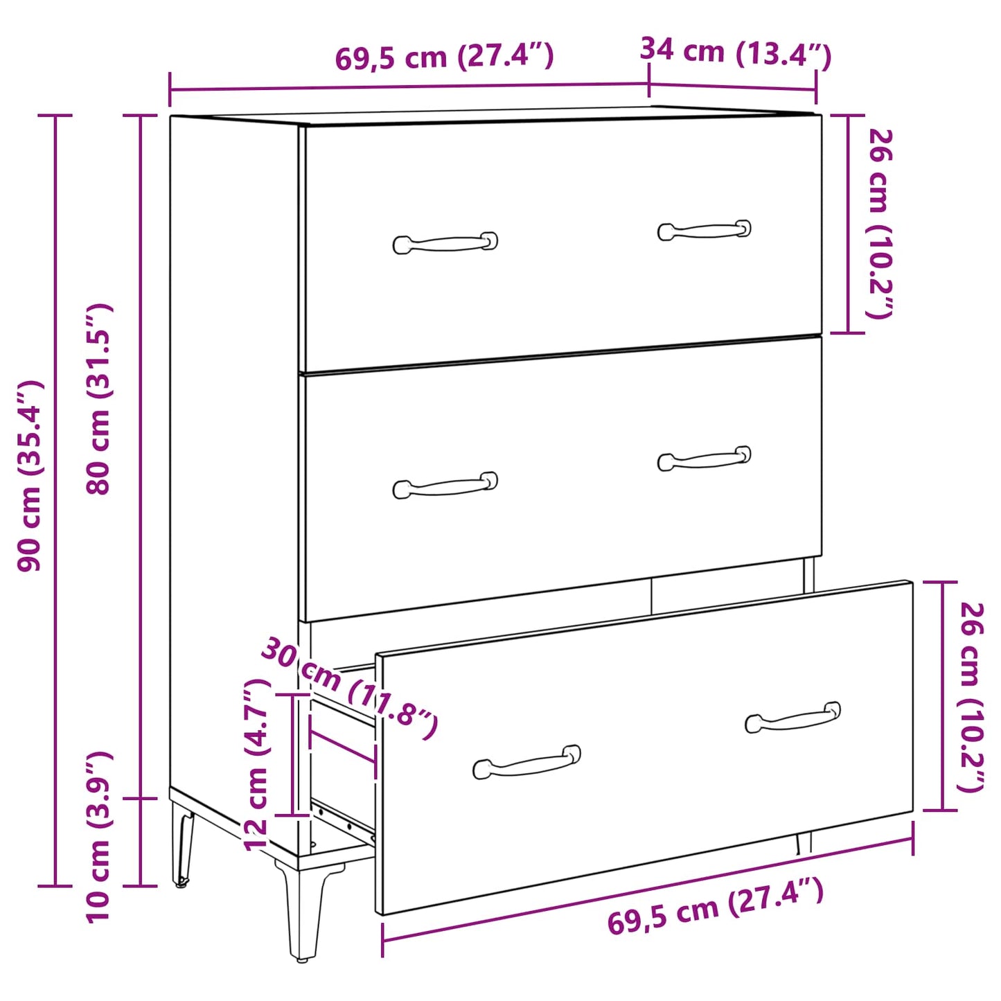 Sideboard Schwarz Eichen-Optik 69,5 x 34 x 90 cm Holzwerkstoff