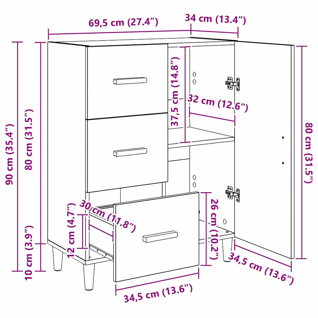 Sideboard Artisan-Eiche 34 x 69,5 x 90 cm Holzwerkstoff