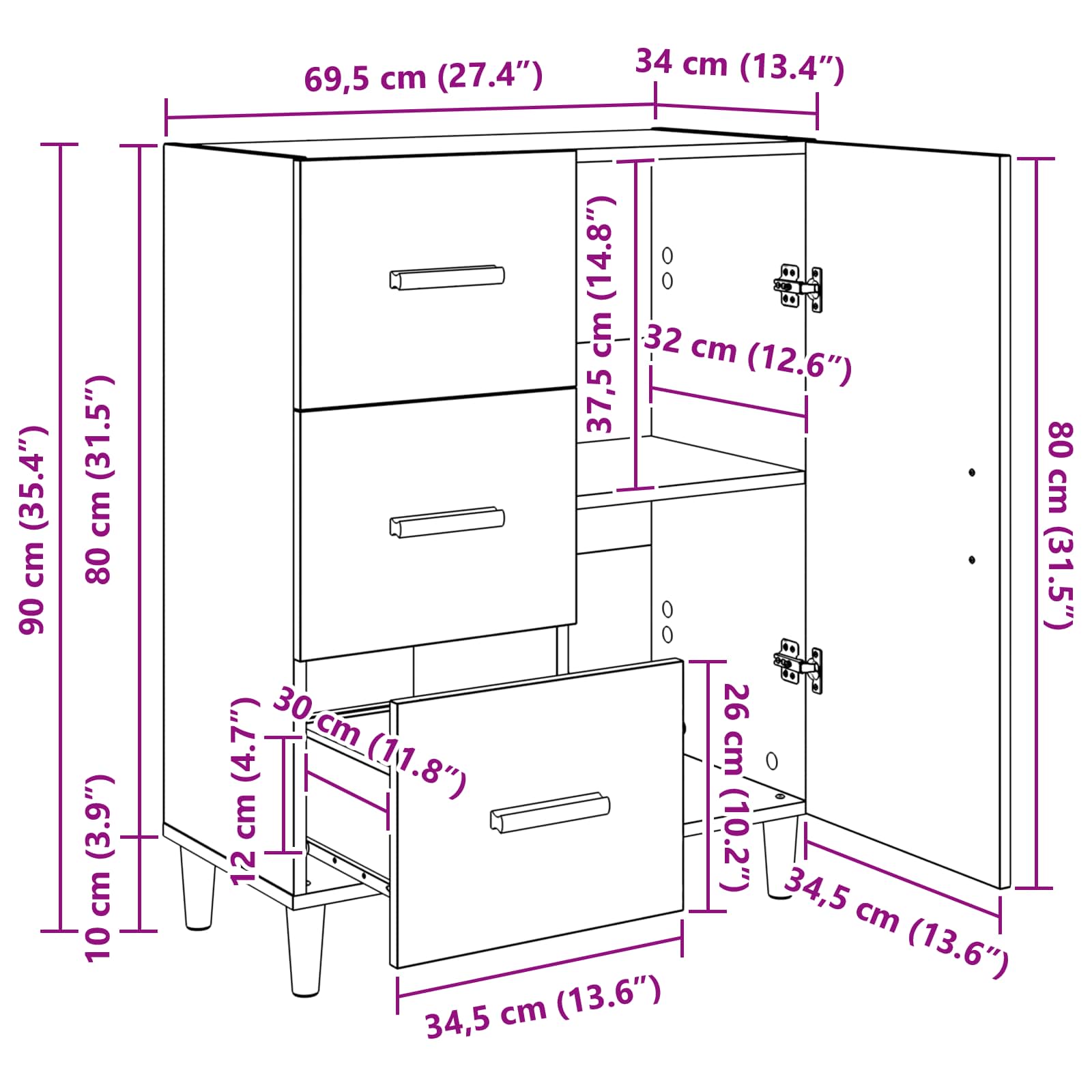 Sideboard Schwarz Eichen-Optik 34 x 69,5 x 90 cm Holzwerkstoff