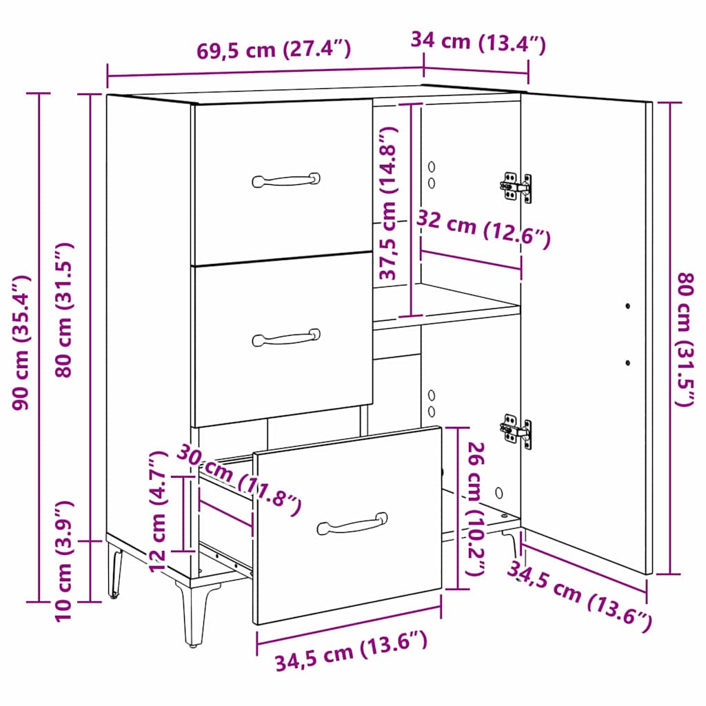 Sideboard Artisan-Eiche 69,5 x 34 x 90 cm Holzwerkstoff