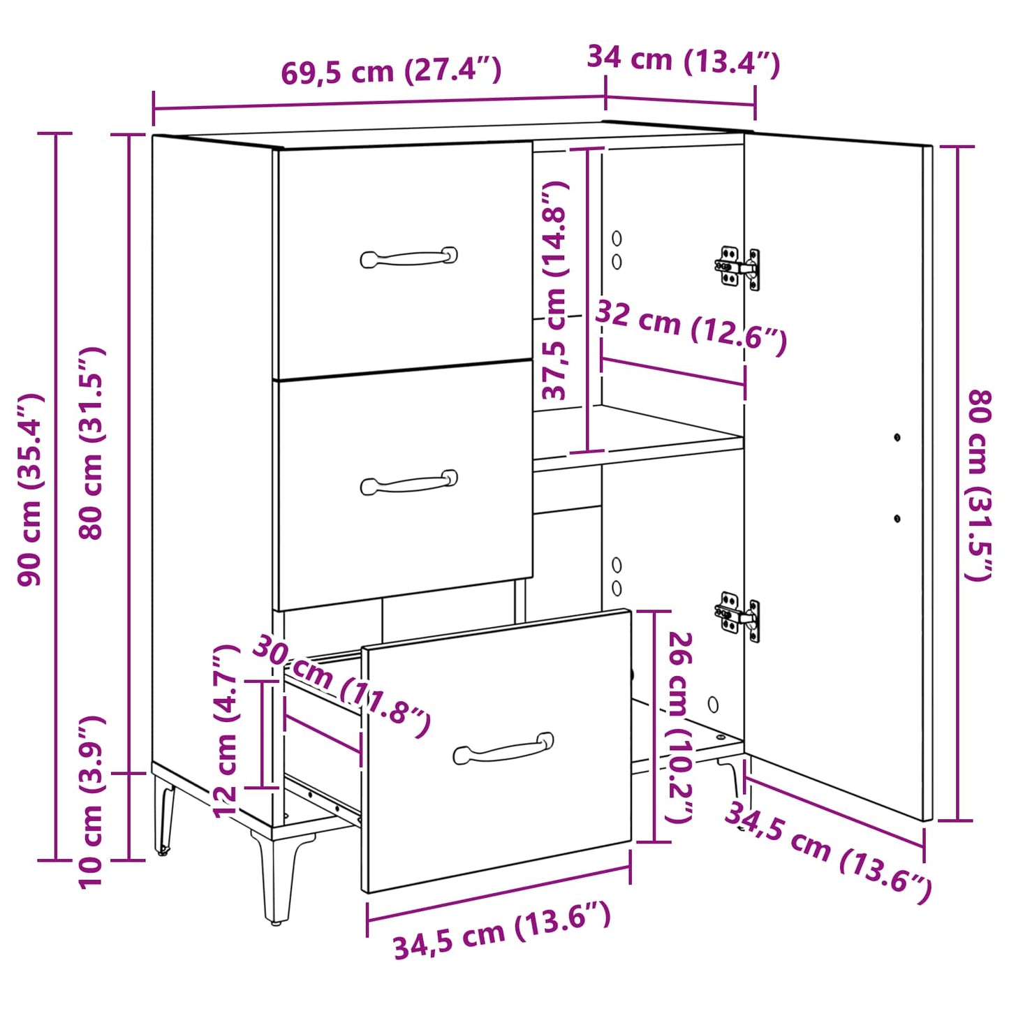Sideboard Artisan-Eiche 69,5 x 34 x 90 cm Holzwerkstoff