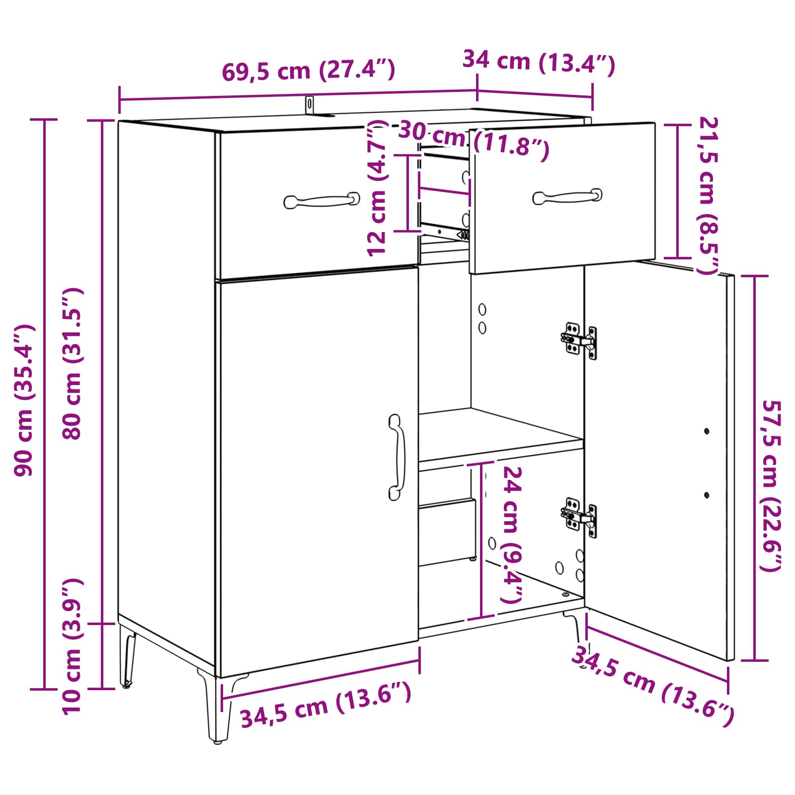 Sideboard Altholz 69,5 x 34 x 90 cm Holzwerkstoff