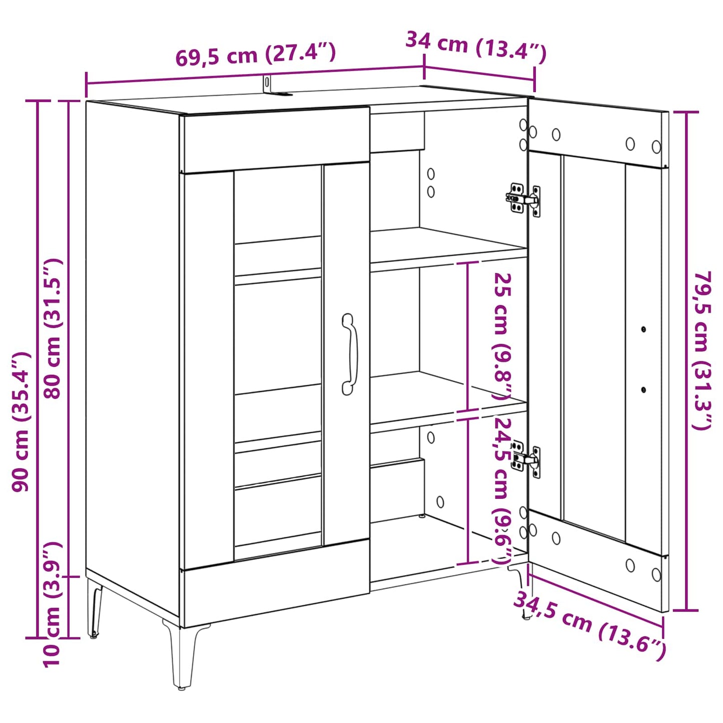 Sideboard Schwarz Eichen-Optik 69,5 x 34 x 90 cm