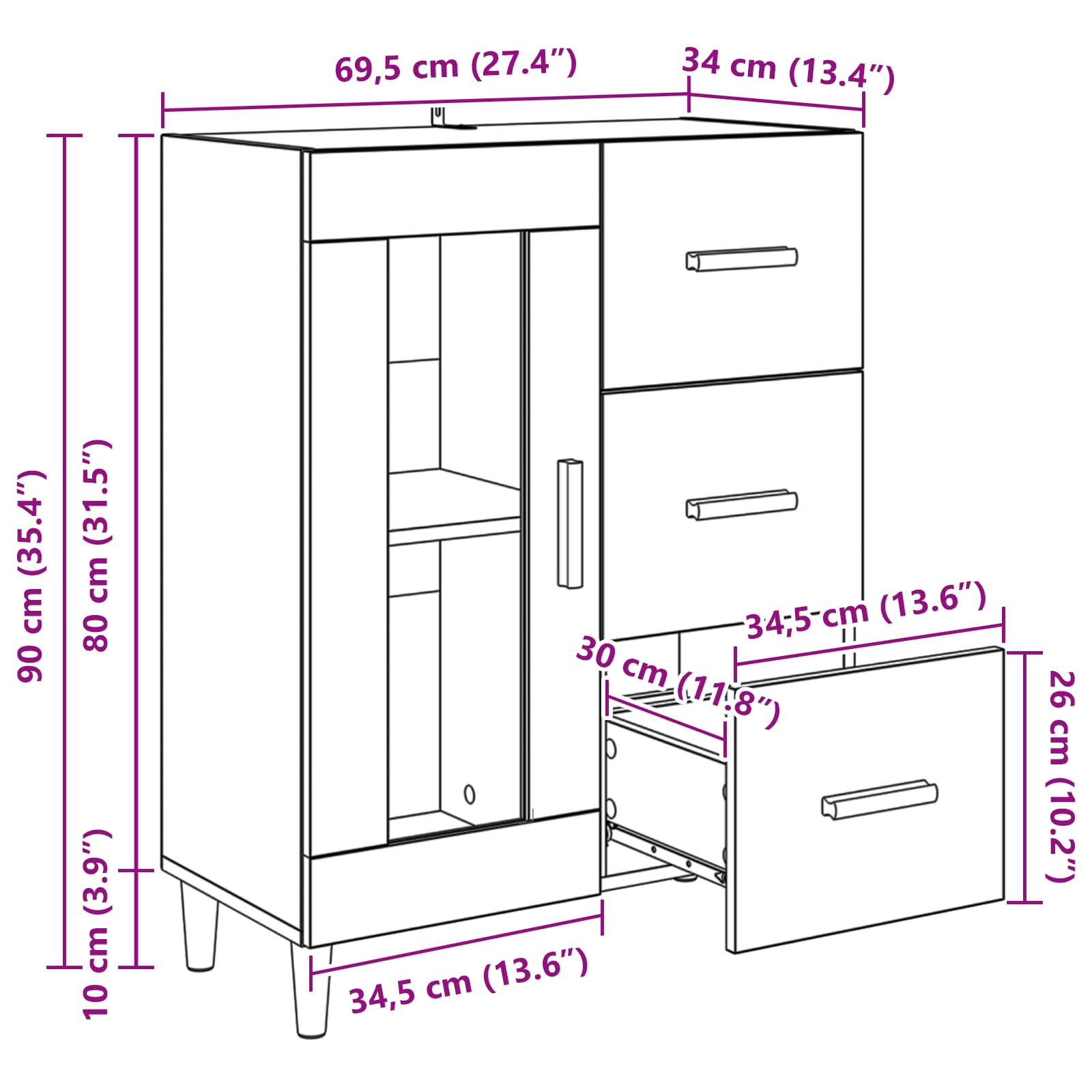 Sideboard Altholz 69,5 x 34 x 90 cm Holzwerkstoff