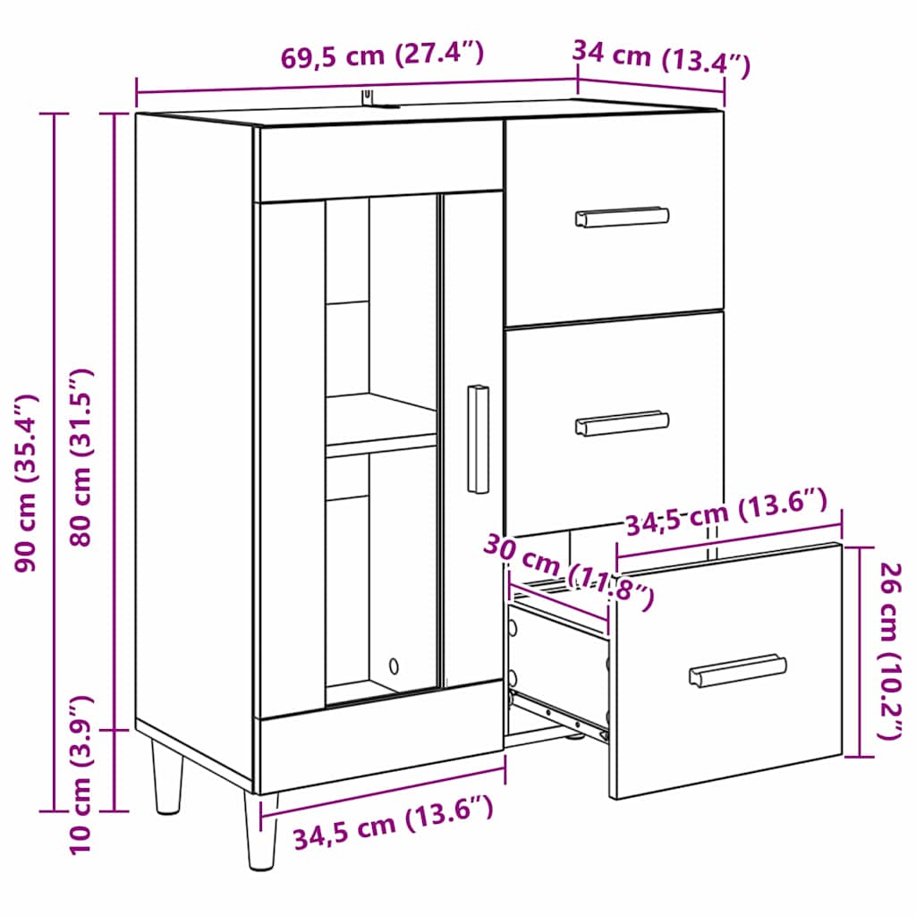 Sideboard Artisan-Eiche 69,5 x 34 x 90 cm Holzwerkstoff