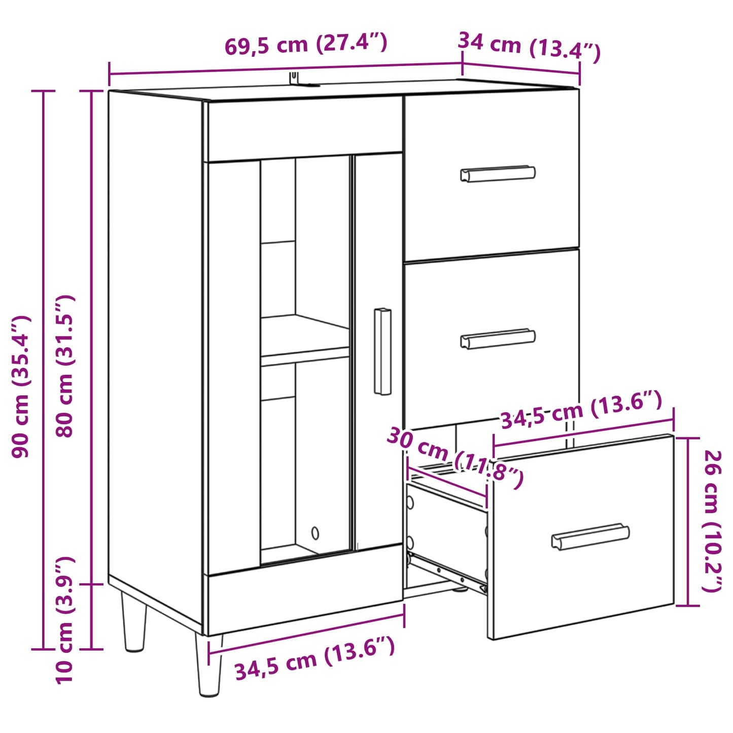 Sideboard Schwarz Eichen-Optik 69,5 x 34 x 90 cm Holzwerkstoff