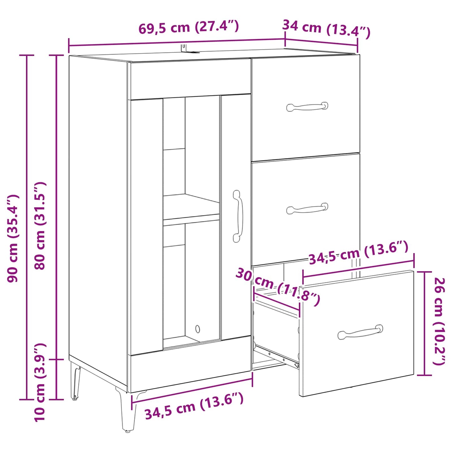 Sideboard Altholz 69,5 x 34 x 90 cm Verbundholz und Eisen