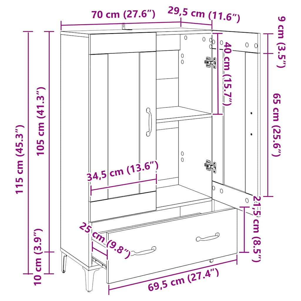 Highboard Altholz 70 x 31 x 115 cm Verbundholz und Eisen