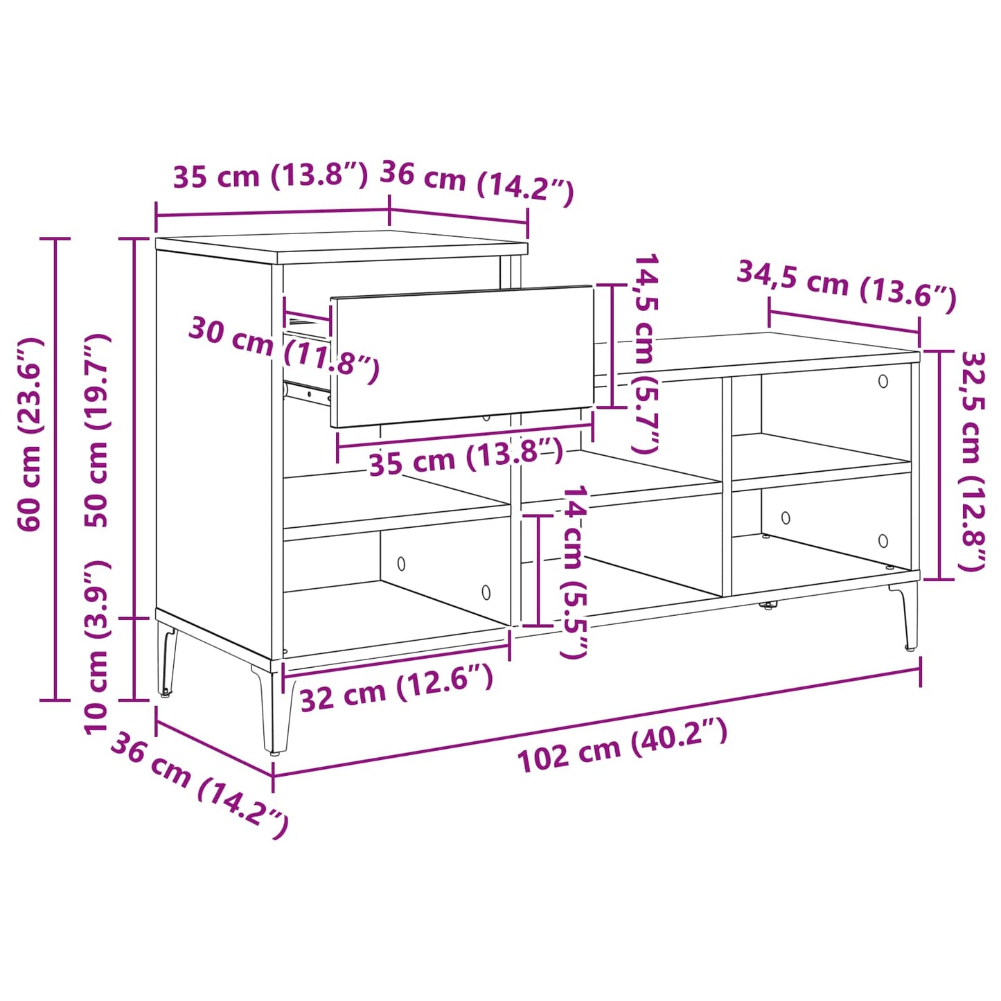 Schuhschrank 102 x 36 x 60 cm Holzwerkstoff Artisan-Eiche