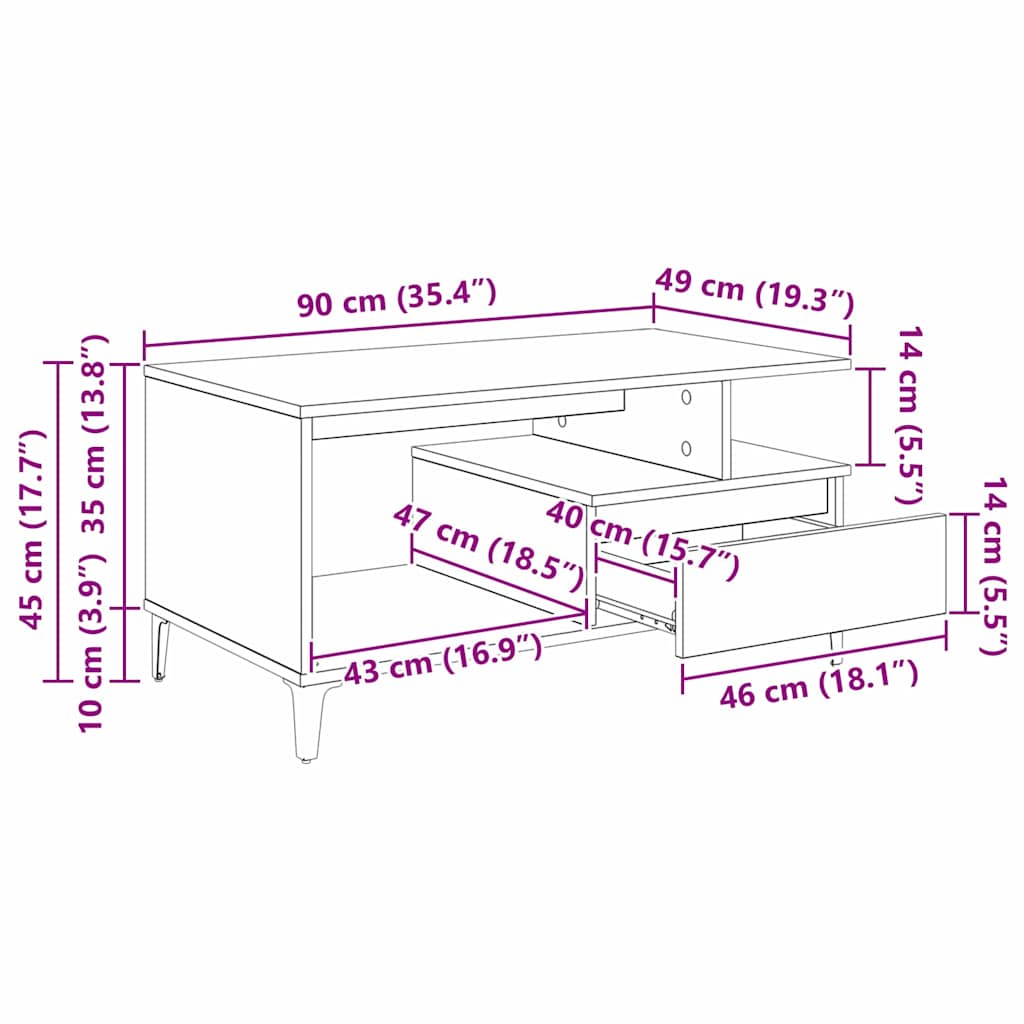 Couchtisch Schwarz Eichen-Optik 90 x 49 x 45 cm Holzwerkstoff