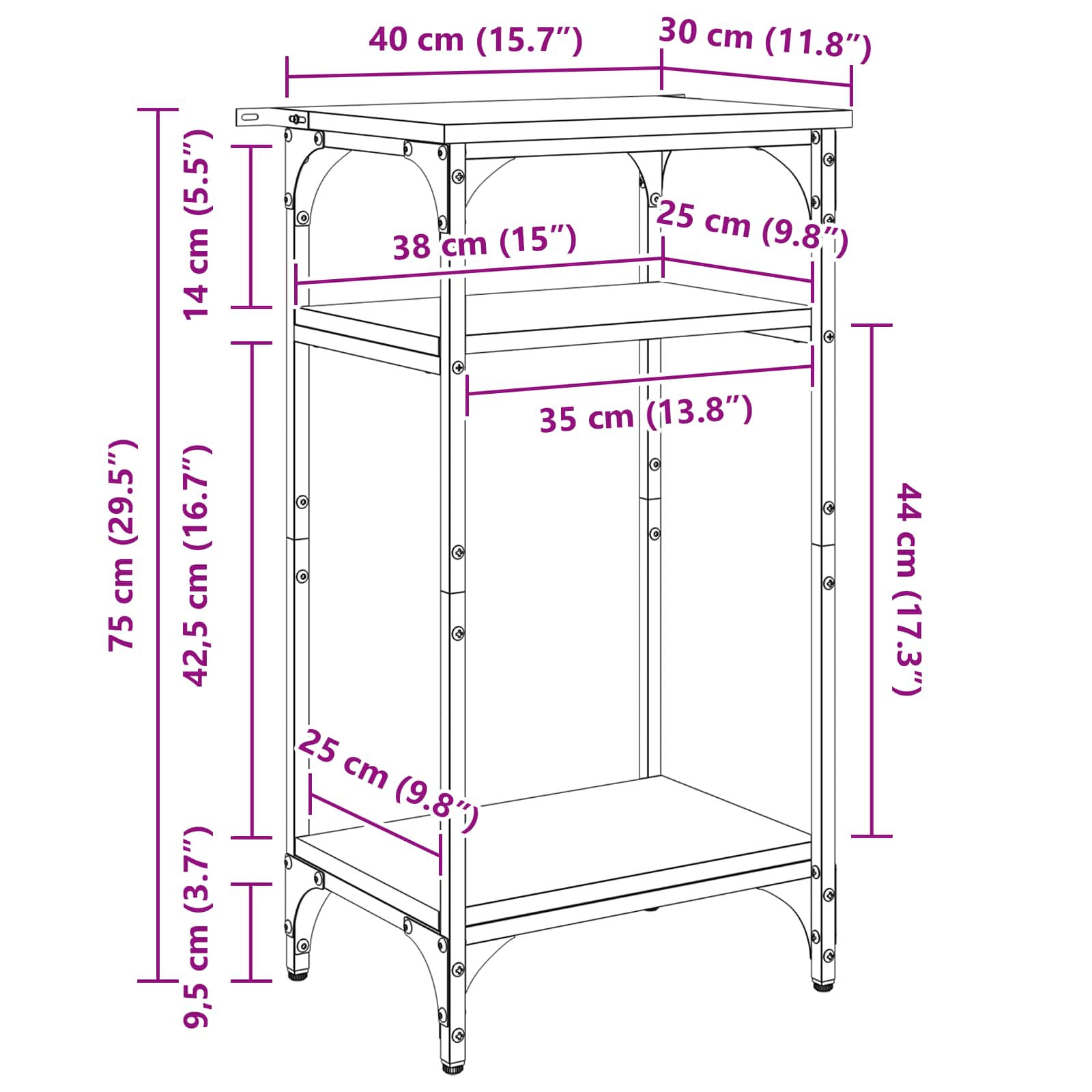 Beistelltisch Schwarz Eichen-Optik 40 x 30 x 75 cm